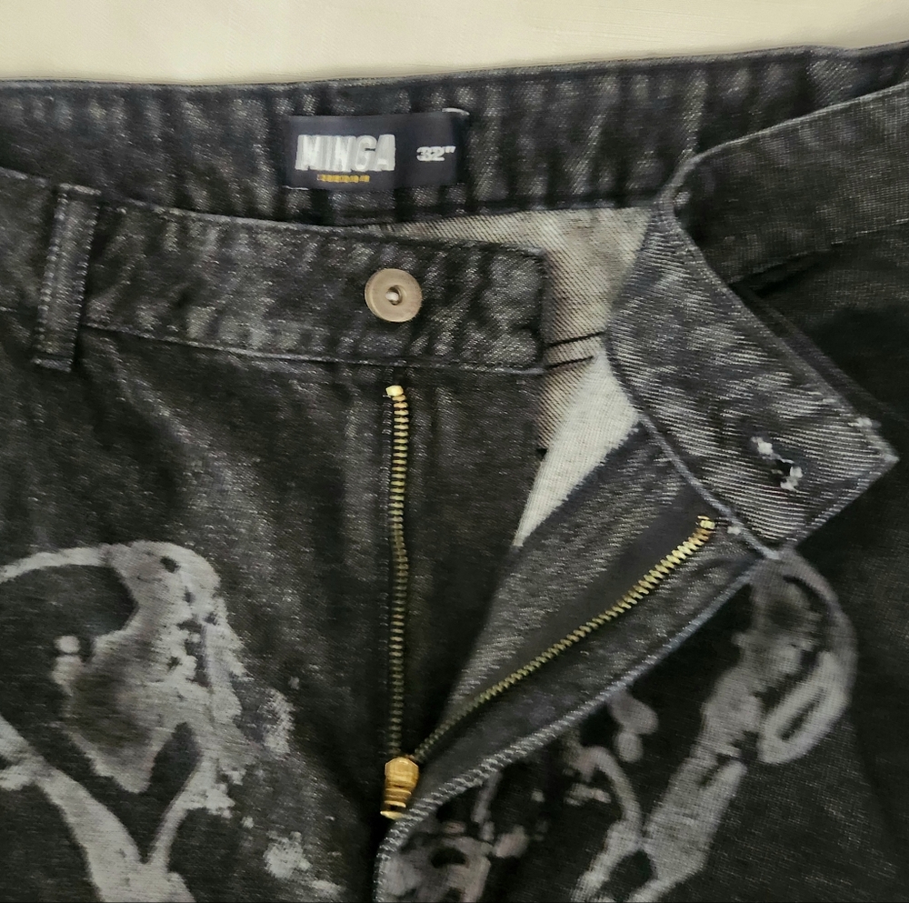 Minga London Bones Black Washed Denim Jeans Skeleton Print Wide Baggy Leg SZ 36 - Picture 12 of 16